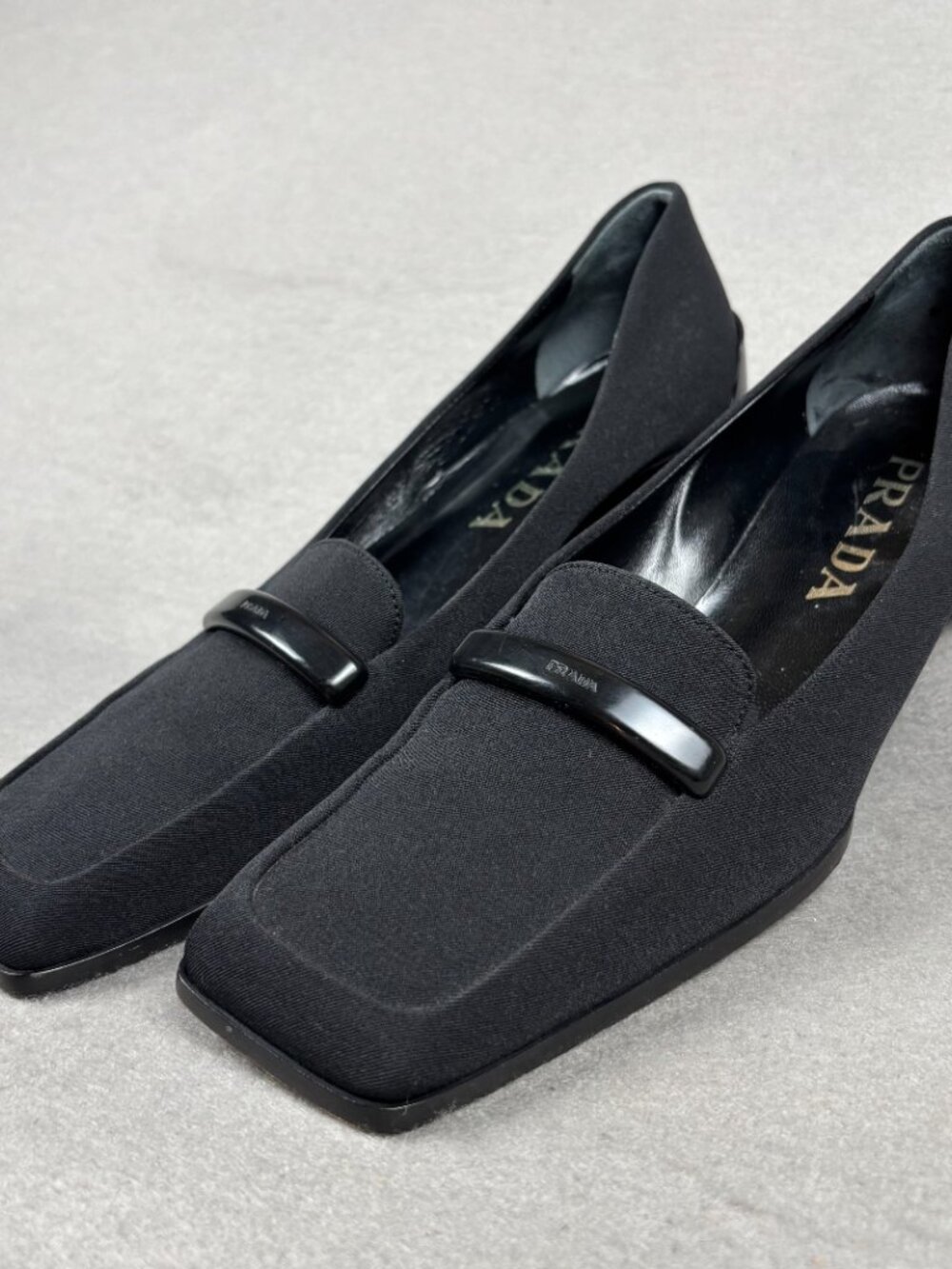 Prada Black Stretch Fabric Logo Loafers Low Heel Pumps Italy EU 37.5 Women